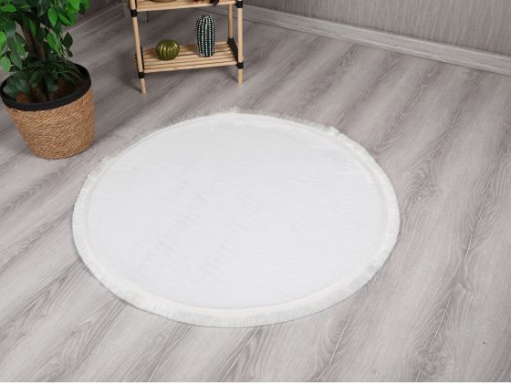 Spor Saçaklı Pelüş Yuvarlak Paspas 100x100 Krem - Çeyiz Diyarı