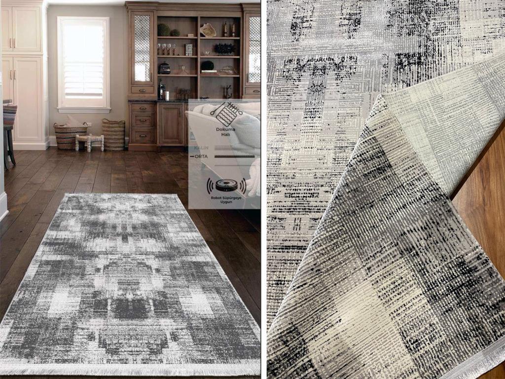 Still Patchwork Kaymaz Tabanlı Dikdörtgen Halı 80x150 Cm Gri - 1