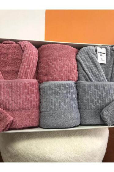 Su Yolu 8 Parça Aile Bornoz Takımı Açık Gri - Gül Kurusu - Çeyiz Diyarı (1)