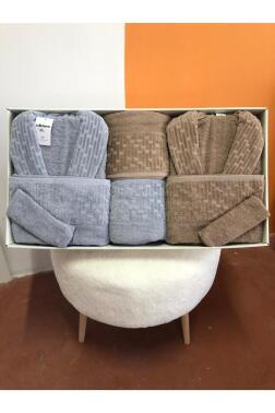 Su Yolu 8 Parça Aile Bornoz Takımı Açık Gri - Koyu Bej - 1