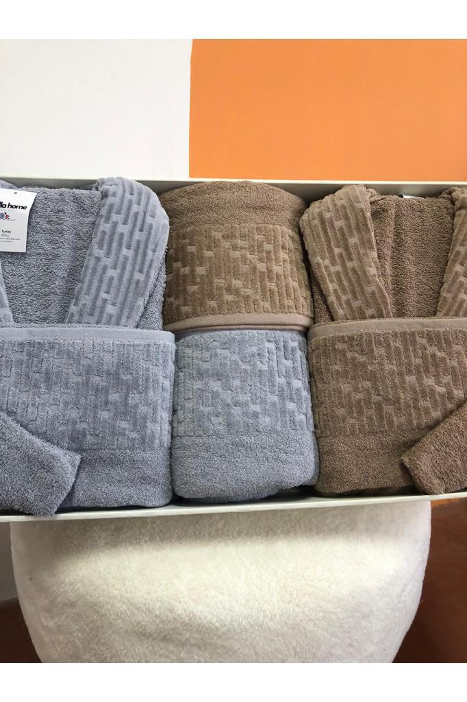 Su Yolu 8 Parça Aile Bornoz Takımı Açık Gri - Koyu Bej - 2