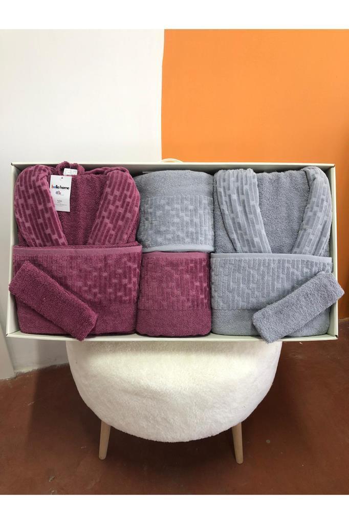 Su Yolu 8 Parça Aile Bornoz Takımı Açık Gri - Mürdüm - 1