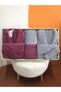 Su Yolu 8 Parça Aile Bornoz Takımı Açık Gri - Mürdüm - 1