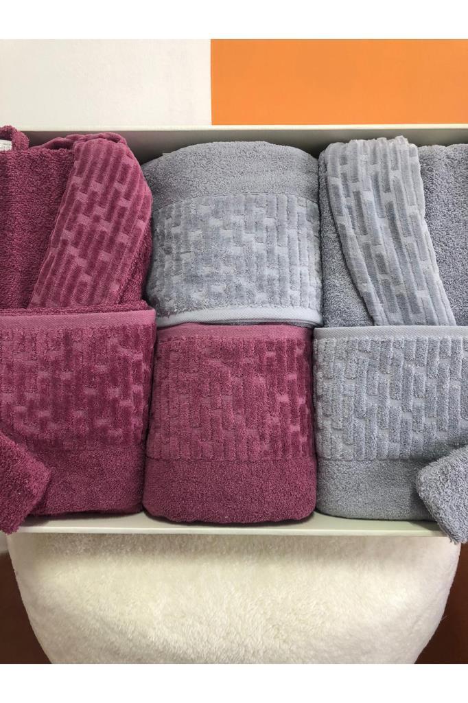 Su Yolu 8 Parça Aile Bornoz Takımı Açık Gri - Mürdüm - 2