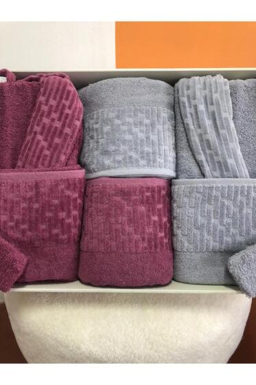 Su Yolu 8 Parça Aile Bornoz Takımı Açık Gri - Mürdüm - Çeyiz Diyarı (1)