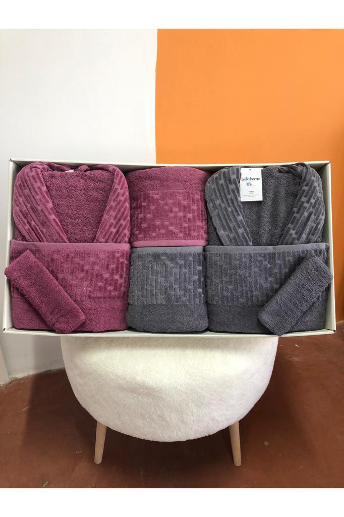 Su Yolu 8 Parça Aile Bornoz Takımı Antrasit - Mürdüm - 1