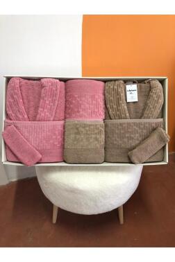 Su Yolu 8 Parça Aile Bornoz Takımı Koyu Bej - Gül Kurusu - 1