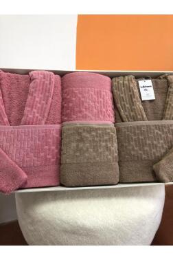 Su Yolu 8 Parça Aile Bornoz Takımı Koyu Bej - Gül Kurusu - 2