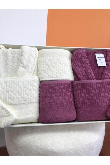 Su Yolu 8 Parça Aile Bornoz Takımı Krem - Mürdüm - Çeyiz Diyarı (1)