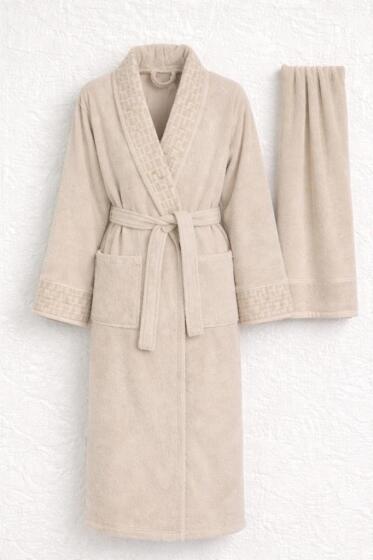 Su Yolu xl Beden 2 Parça Bornoz Takımı Açık Bej - Çeyiz Diyarı