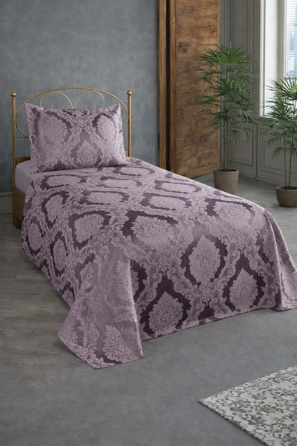 Şulem Jakarlı Şönil Tek Kişilik 2 Parça Yatak Örtüsü Mürdüm - 1