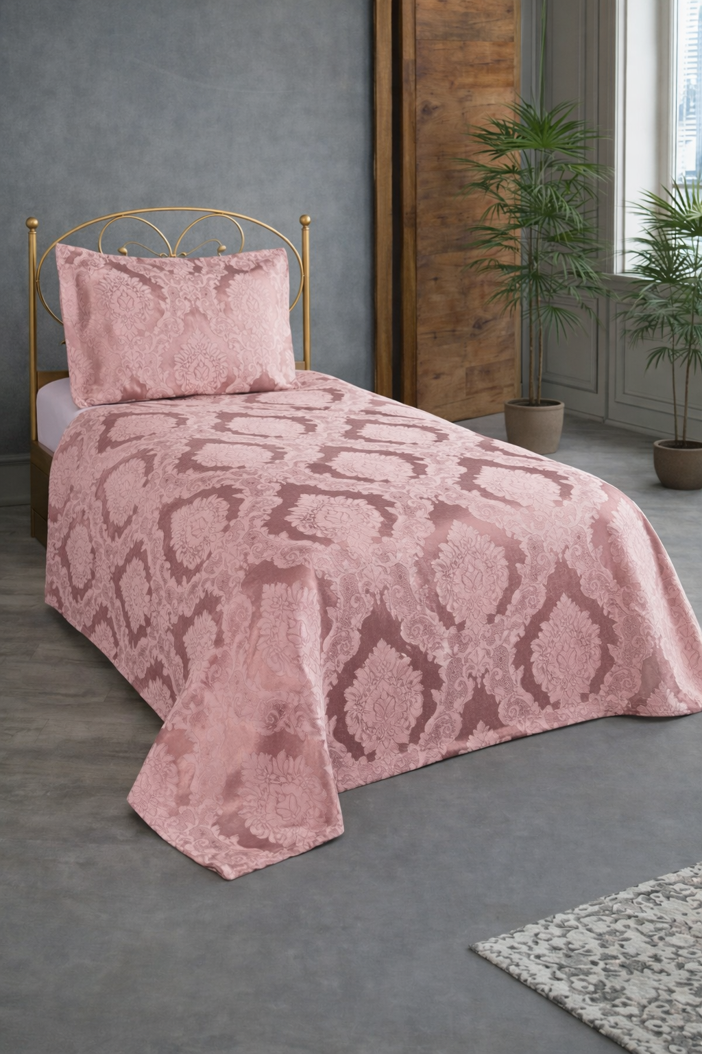 Şulem Jakarlı Şönil Tek Kişilik 2 Parça Yatak Örtüsü Pudra - 1
