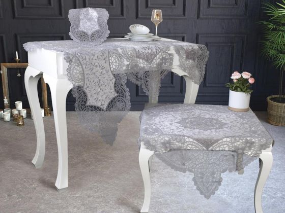 Suman Kordone Lüx Kadife Nakışlı 5 Parça Salon Takımı Gümüş - Çeyiz Diyarı