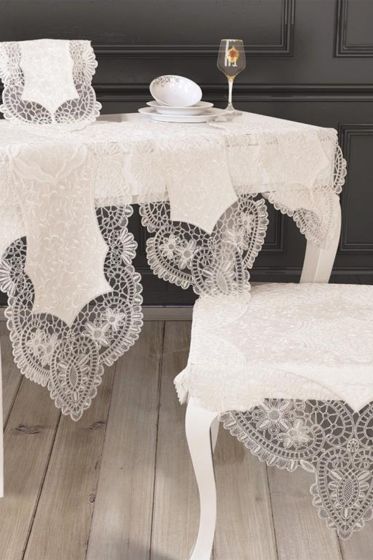 Suman Kordone Lüx Kadife Nakışlı 5 Parça Salon Takımı Krem - Çeyiz Diyarı