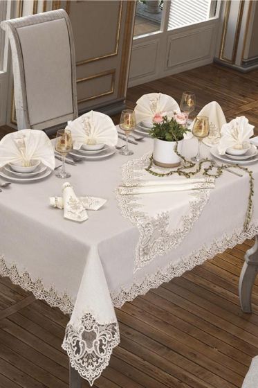 Sümbül Masa Örtüsü 160x260 Cm 26 Parça Krem - Çeyiz Diyarı