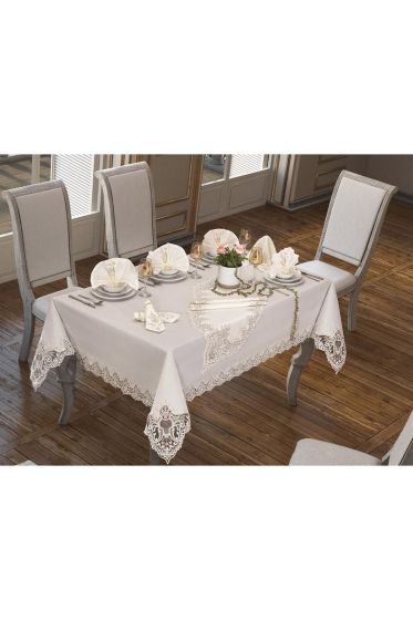 Sümbül Masa Örtüsü 160x260 Cm 26 Parça Krem - Çeyiz Diyarı (1)