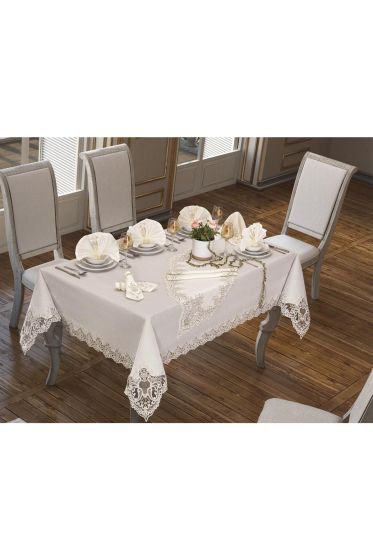 Sümbül Masa Örtüsü 160x220 Cm 26 Parça Krem - Çeyiz Diyarı (1)
