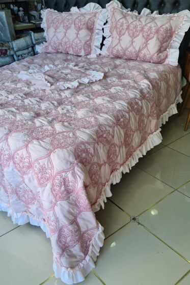 Sure 4 Parça Şönil İşlemeli Yatak Örtüsü Pudra - Çeyiz Diyarı (1)