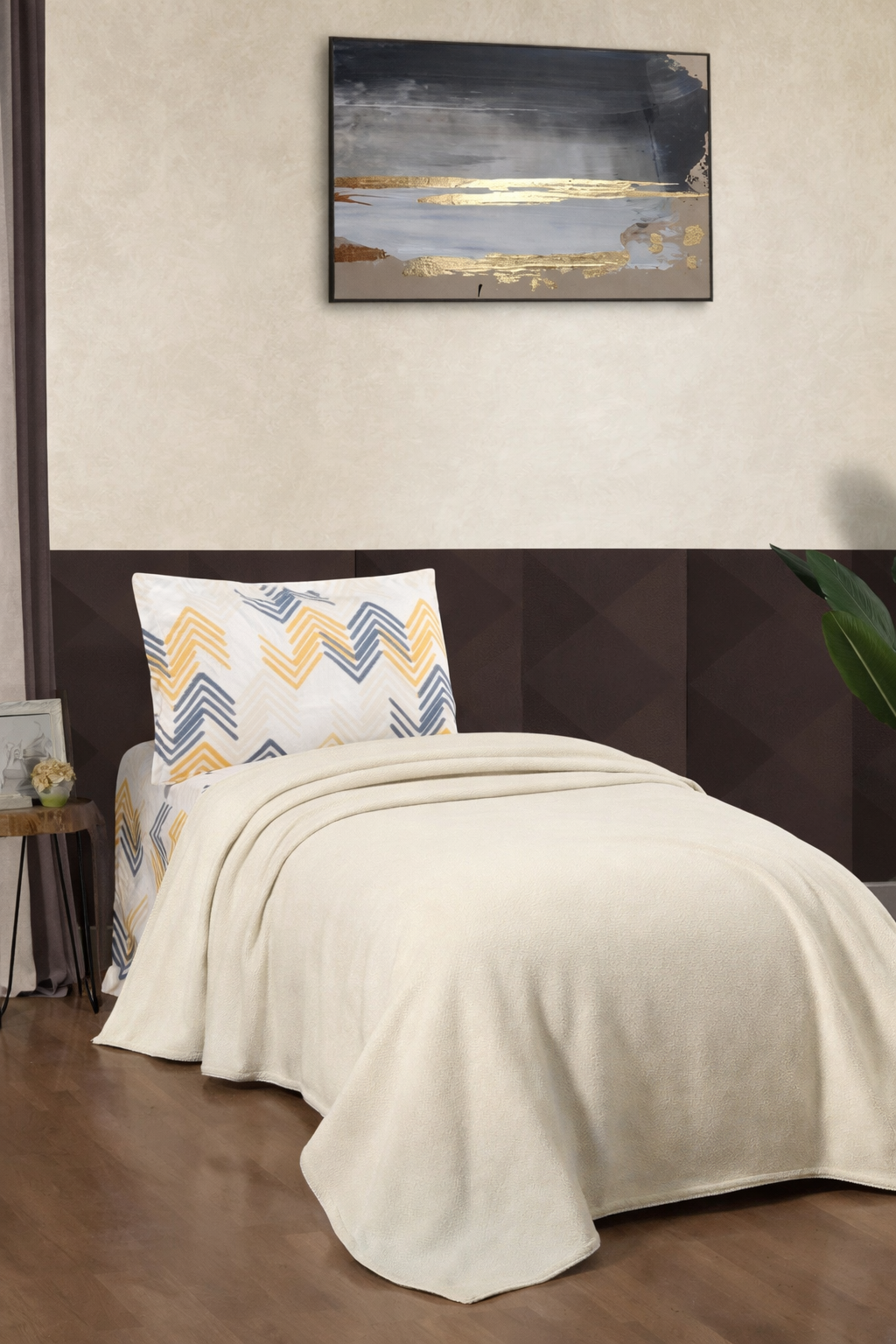 Taç Kristal Forewer Ponponlu Tek Kişilik Pike Takımı Bej - 1