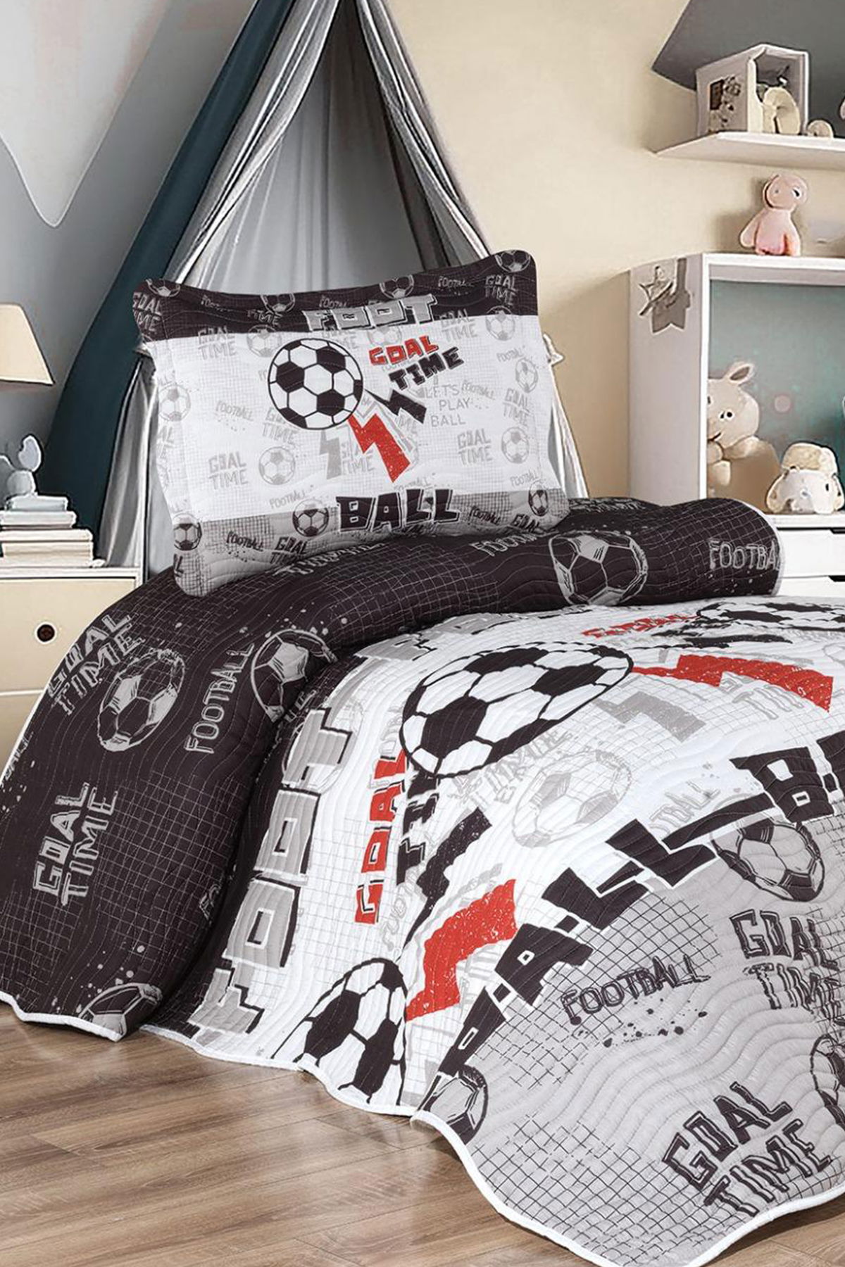 Taraftar Baskılı Tek Kişilik Yatak Örtüsü Siyah Beyaz - 1