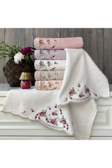 Taren Nakışlı Çeyizlik 6lı Bambu El Yüz Havlusu 50x90 Cm - Çeyiz Diyarı