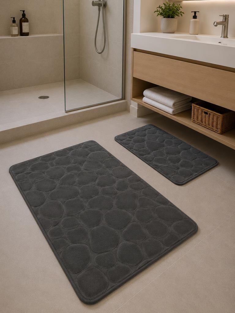 Taş Puffy Pamuklu 2li Banyo Paspası Antrasit - 1