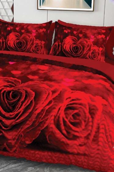 Tria Heartl Mikro Saten 3D Dijital Baskılı Dört Mevsim Çift Kişilik Nevresim Takımı - Çeyiz Diyarı