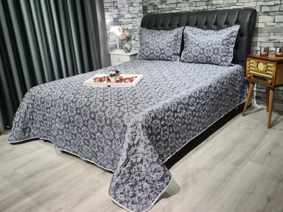 Tual Kapitoneli Çift Kişilik Yatak Örtüsü Gri - Çeyiz Diyarı