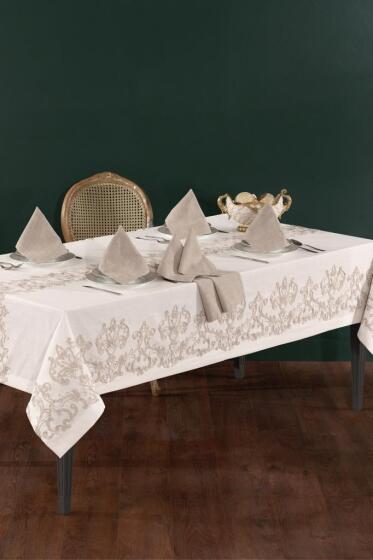 Tuğra Keten A.Servisli Masa Örtüsü Takımı 13 Parça Ekru - Çeyiz Diyarı