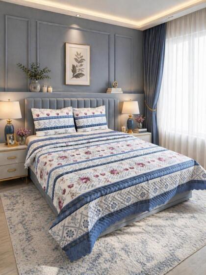 Ultrasonik Kapitoneli Rossera Çift Kişilik Pike Takımı 195x235 cm Mavi - Çeyiz Diyarı