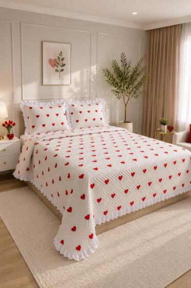 Ultrasonik Kapitoneli Sera Fırfırlı Çift Kişilik Pike Takımı 195x235 cm - Çeyiz Diyarı
