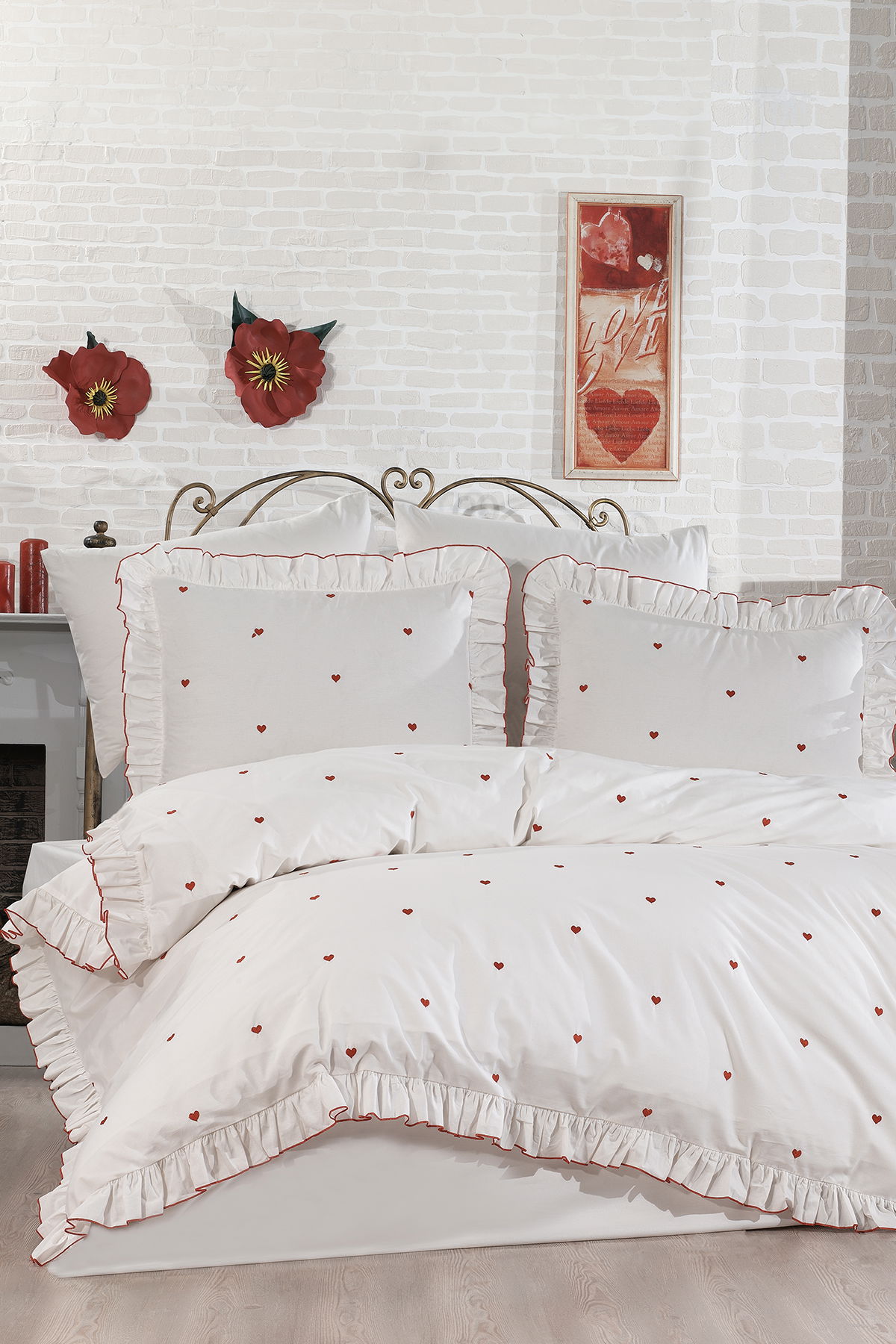 Valentine Love Nakışlı 6 Parça Nevresim Takımı Kırmızı - 1