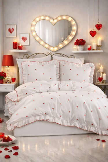 Valentine Love Nakışlı 6 Parça Nevresim Takımı Kırmızı - Çeyiz Diyarı
