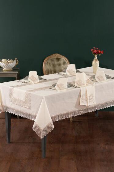 Valeria Keten A.Servisli Masa Örtüsü Takımı 14 Parça Ekru - Çeyiz Diyarı