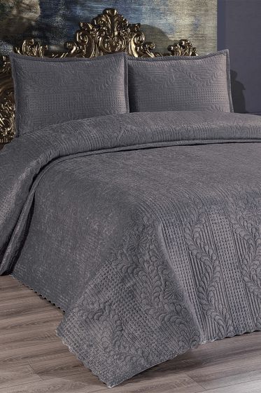 Velica Çift Kişilik Kadife Yatak Örtüsü Antrasit - Çeyiz Diyarı