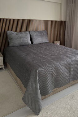 Velica Çift Kişilik Kadife Yatak Örtüsü Antrasit - 1