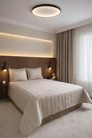 Velmira Jakarlı Kadife Elyaf Dolgulu Yatak Örtüsü 240x240 cm Bej - Çeyiz Diyarı