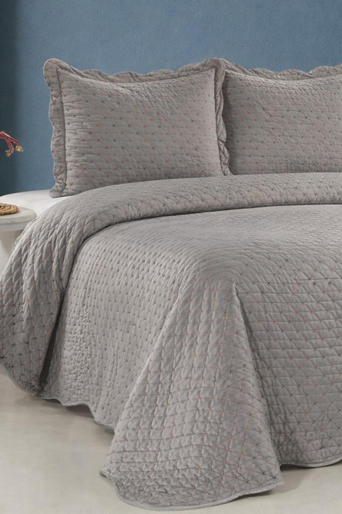 Velura Lüks Nakışlı Kadife Çift Kişilik Yatak Örtüsü Gri - 1