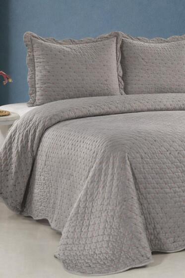 Velura Lüks Nakışlı Kadife Çift Kişilik Yatak Örtüsü Gri - Çeyiz Diyarı