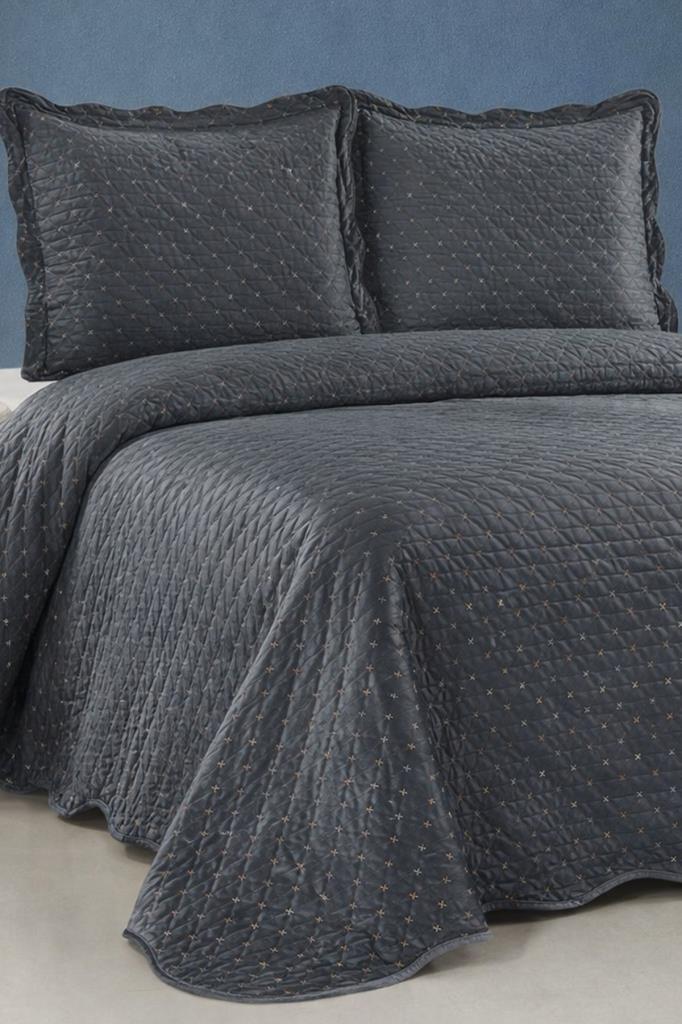 Velura Lüks Nakışlı Kadife Çift Kişilik Yatak Örtüsü Koyu Gri - 1