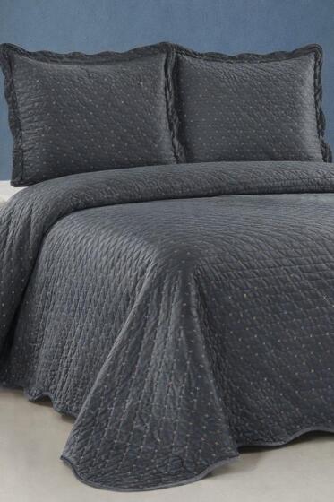 Velura Lüks Nakışlı Kadife Çift Kişilik Yatak Örtüsü Koyu Gri - Çeyiz Diyarı