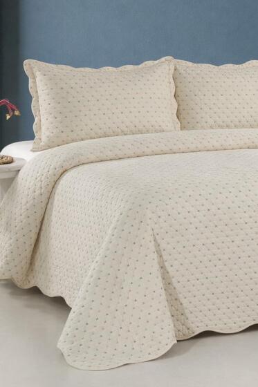 Velura Lüks Nakışlı Kadife Çift Kişilik Yatak Örtüsü Krem - Çeyiz Diyarı