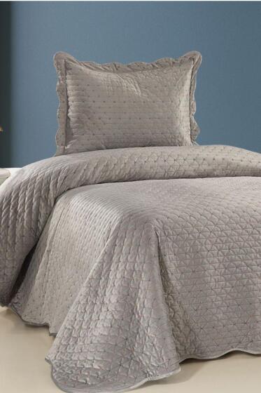 Velura Lüks Nakışlı Kadife Tek Kişilik Yatak Örtüsü Gri - Çeyiz Diyarı