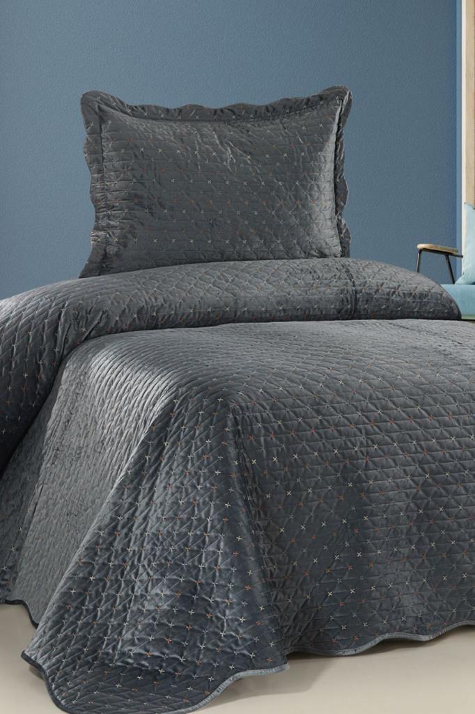 Velura Lüks Nakışlı Kadife Tek Kişilik Yatak Örtüsü Koyu Gri - 1