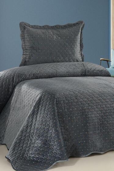 Velura Lüks Nakışlı Kadife Tek Kişilik Yatak Örtüsü Koyu Gri - Çeyiz Diyarı