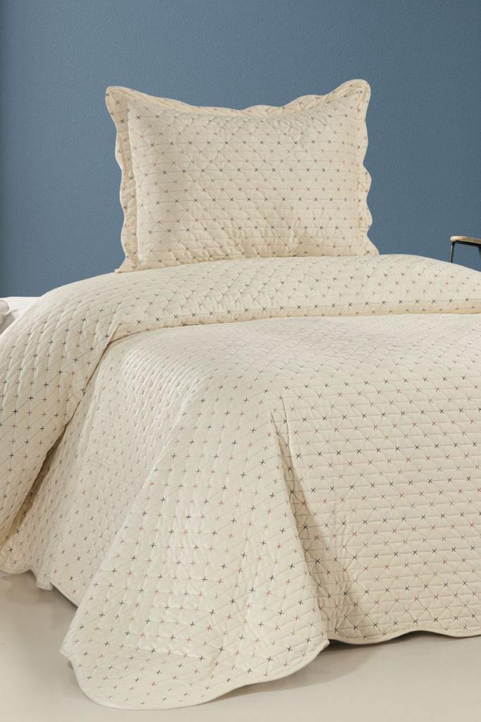 Velura Lüks Nakışlı Kadife Tek Kişilik Yatak Örtüsü Krem - 1