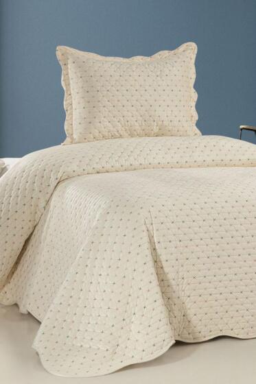 Velura Lüks Nakışlı Kadife Tek Kişilik Yatak Örtüsü Krem - Çeyiz Diyarı