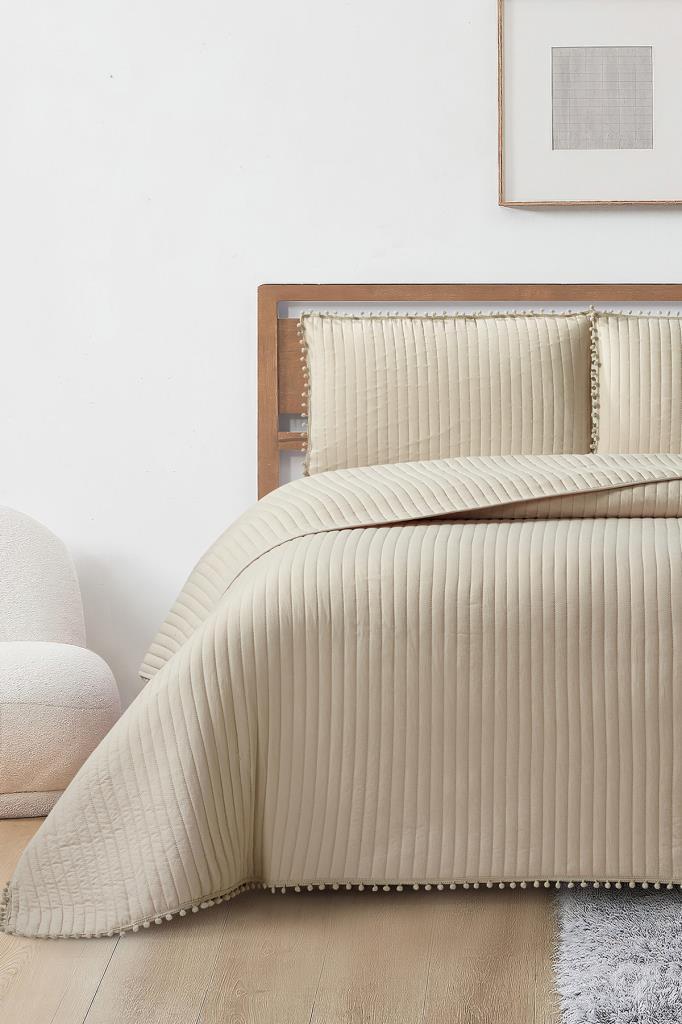 Venedik Elyaf Dolgulu Çift Kişilik 240x260 Cm Yatak Örtüsü Bej - 1