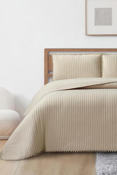 Venedik Elyaf Dolgulu Çift Kişilik 240x260 Cm Yatak Örtüsü Bej - Çeyiz Diyarı
