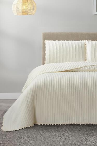 Venedik Elyaf Dolgulu Çift Kişilik 240x260 Cm Yatak Örtüsü Krem - Çeyiz Diyarı